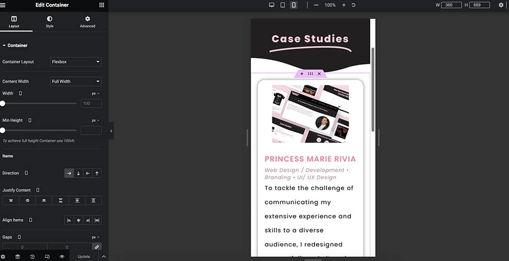 Princess Marie Rivia Website Portfolio Elementor Pro Settings