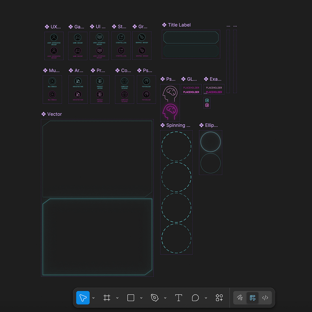 Figma components built to handle the Codex’s interactions, expanding on the UI tone first set by the two vector elements in Illustrator.